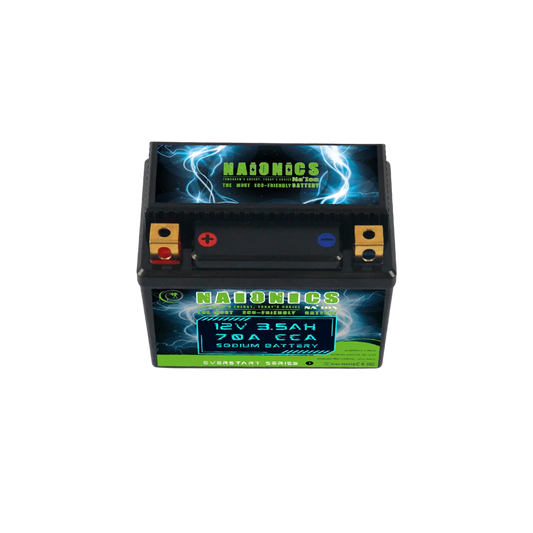 12V 3.5Ah sodium motorcycle starter battery with labeled terminals and blue graphics