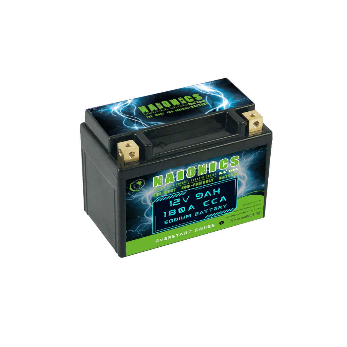 12V 9Ah batteria al sodio for motorcycle starter, black casing with green and blue label