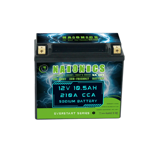 12V 10.5Ah batteria al sodio with 210A CCA, black case, front view, eco-friendly design