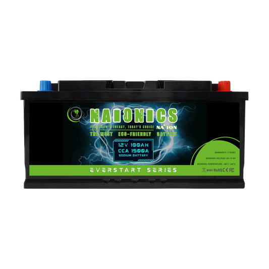 12V 100Ah batteria al sodio with 1500A CCA, eco-friendly serie everstart, front view