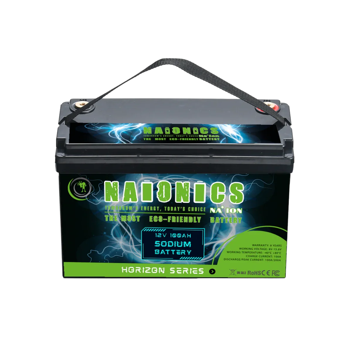 12V 100Ah batteria sodio-ione serie horizon with handle and green eco-friendly label
