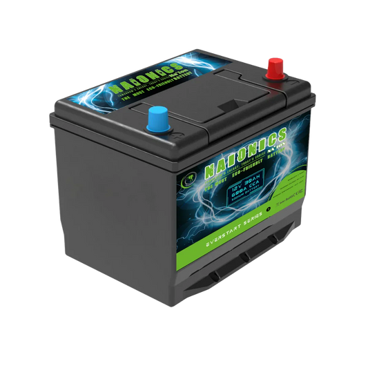 12V 30Ah batteria sodio-ione with blue and red terminals, labeled serie everstart.