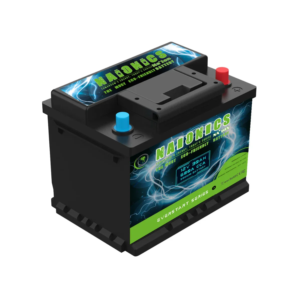 12V 30Ah 600A sodium car battery with blue and red terminals, serie everstart