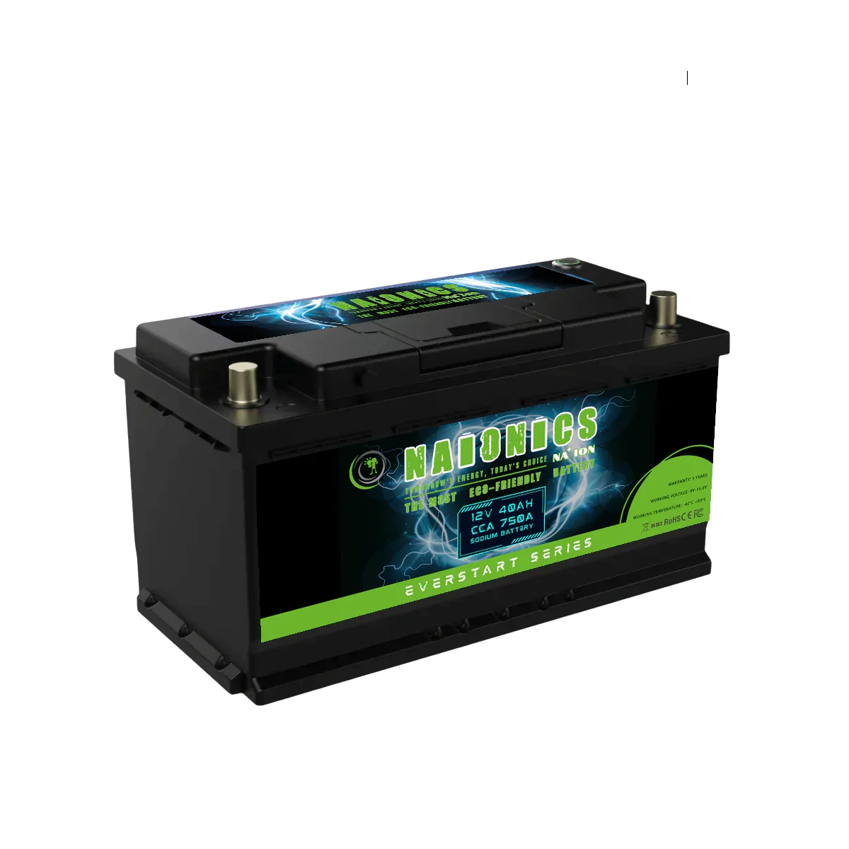 12V 40Ah sodium car battery with 750A CCA, black casing, serie everstart label