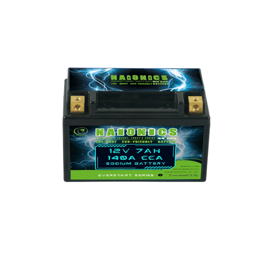 12V 7Ah 140A CCA batteria al sodio for motorcycle starter, black with green and blue label