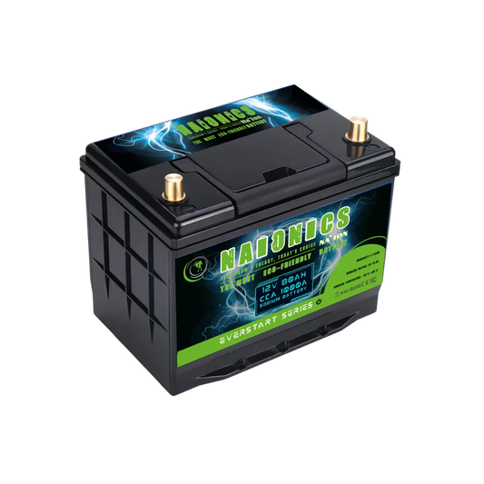 12V 80Ah batteria sodio-ione with labeled Naionics branding and dual terminals