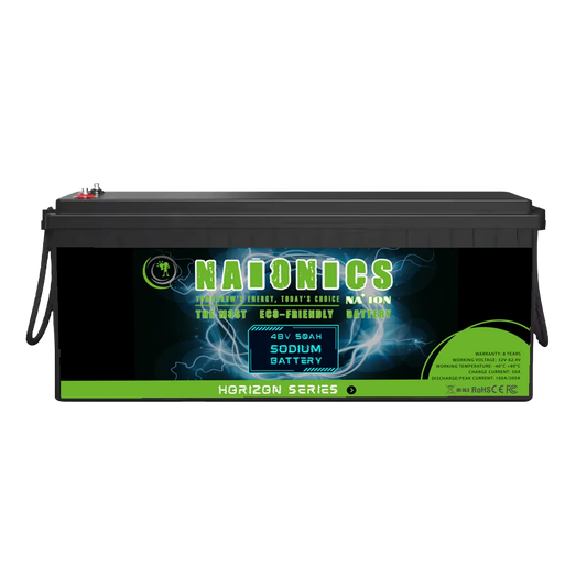 48V 50Ah batteria al sodio, serie horizon, black rectangular case, green label