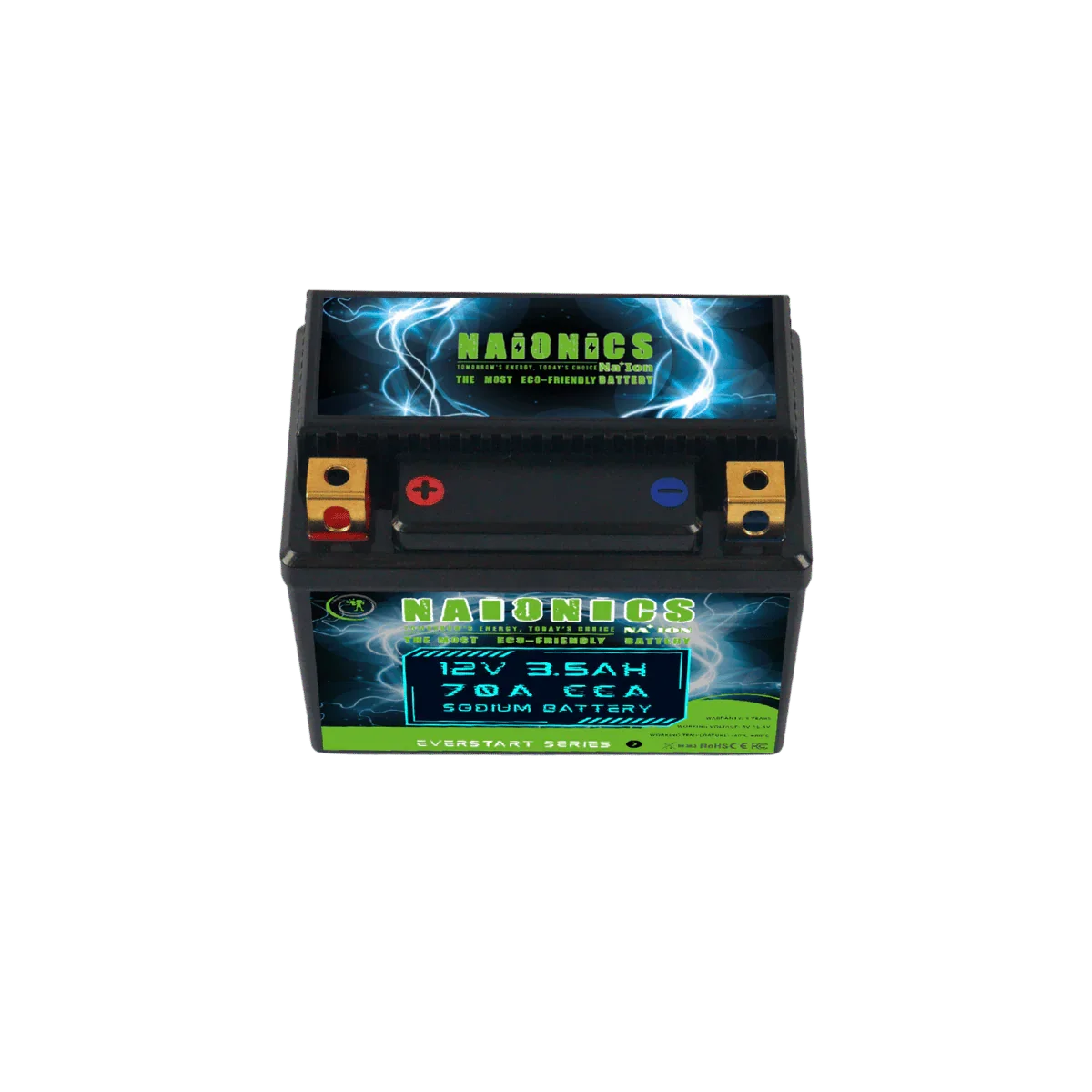12V 3.5Ah sodium motorcycle starter battery with 70A CCA, front and top view