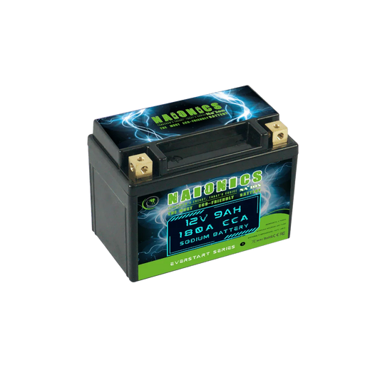12V 9Ah batteria al sodio for motorcycle starter, black casing with green and blue label
