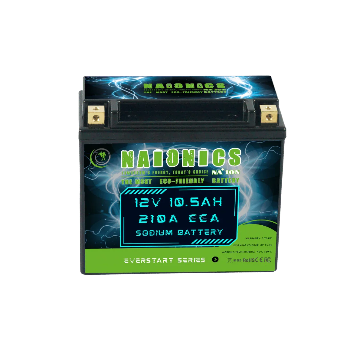 12V 10.5Ah batteria al sodio with 210A CCA, black case, front view, eco-friendly design