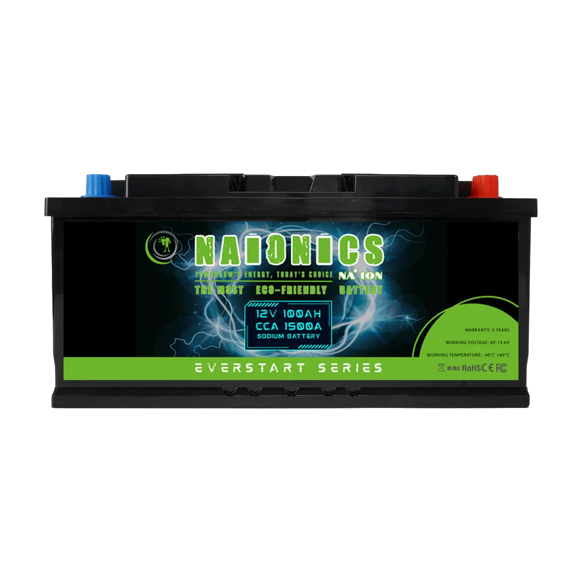 12V 100Ah batteria al sodio with 1500A CCA, eco-friendly serie everstart, front view