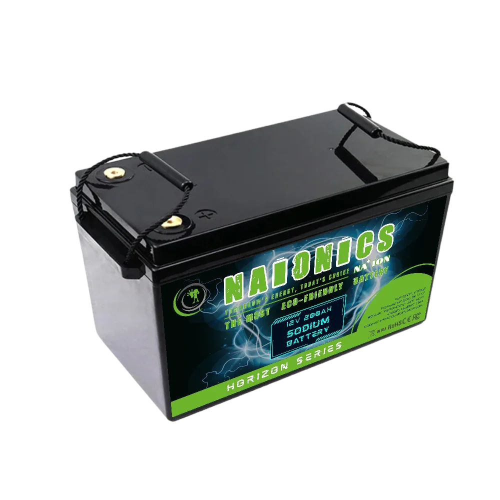 12V 200Ah batteria al sodio with black case and eco-friendly energy label