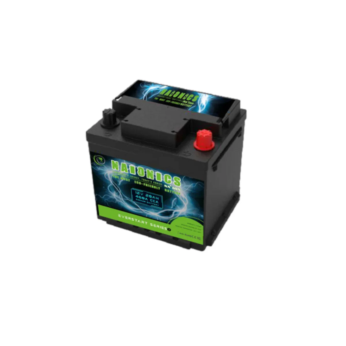 12V 20Ah batteria sodio-ione with 460A CCA, black case, green and blue label