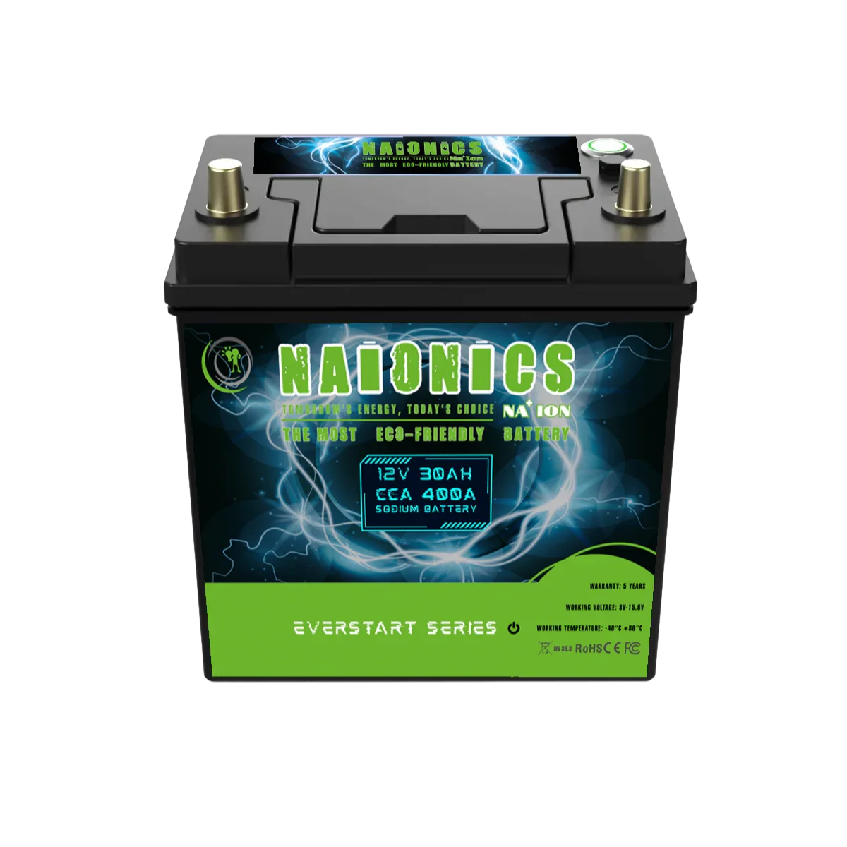12V 30Ah 400A batteria al sodio, front view, eco-friendly design, serie everstart.