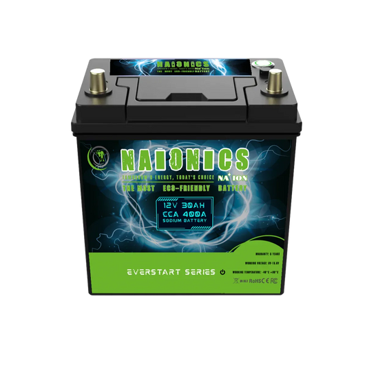 12V 30Ah 400A batteria al sodio, front view, eco-friendly design, serie everstart.