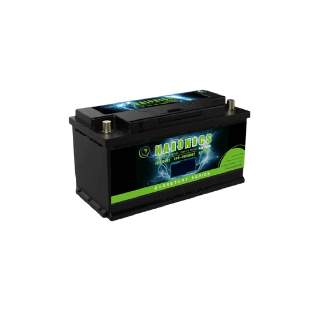 12V 30Ah batteria sodio-ione, black casing with green label, serie everstart, close-up view