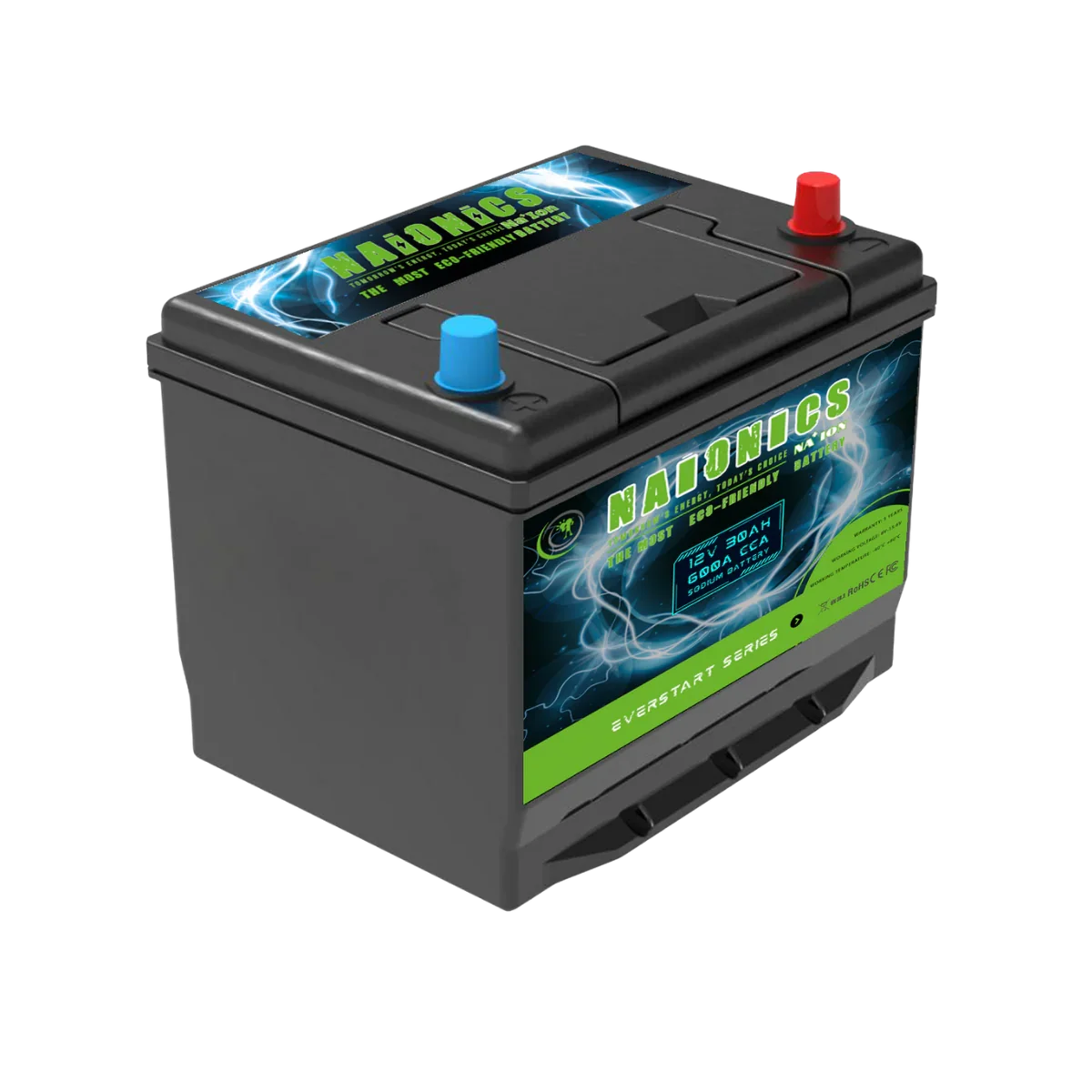 12V 30Ah batteria sodio-ione with blue and red terminals, labeled serie everstart.