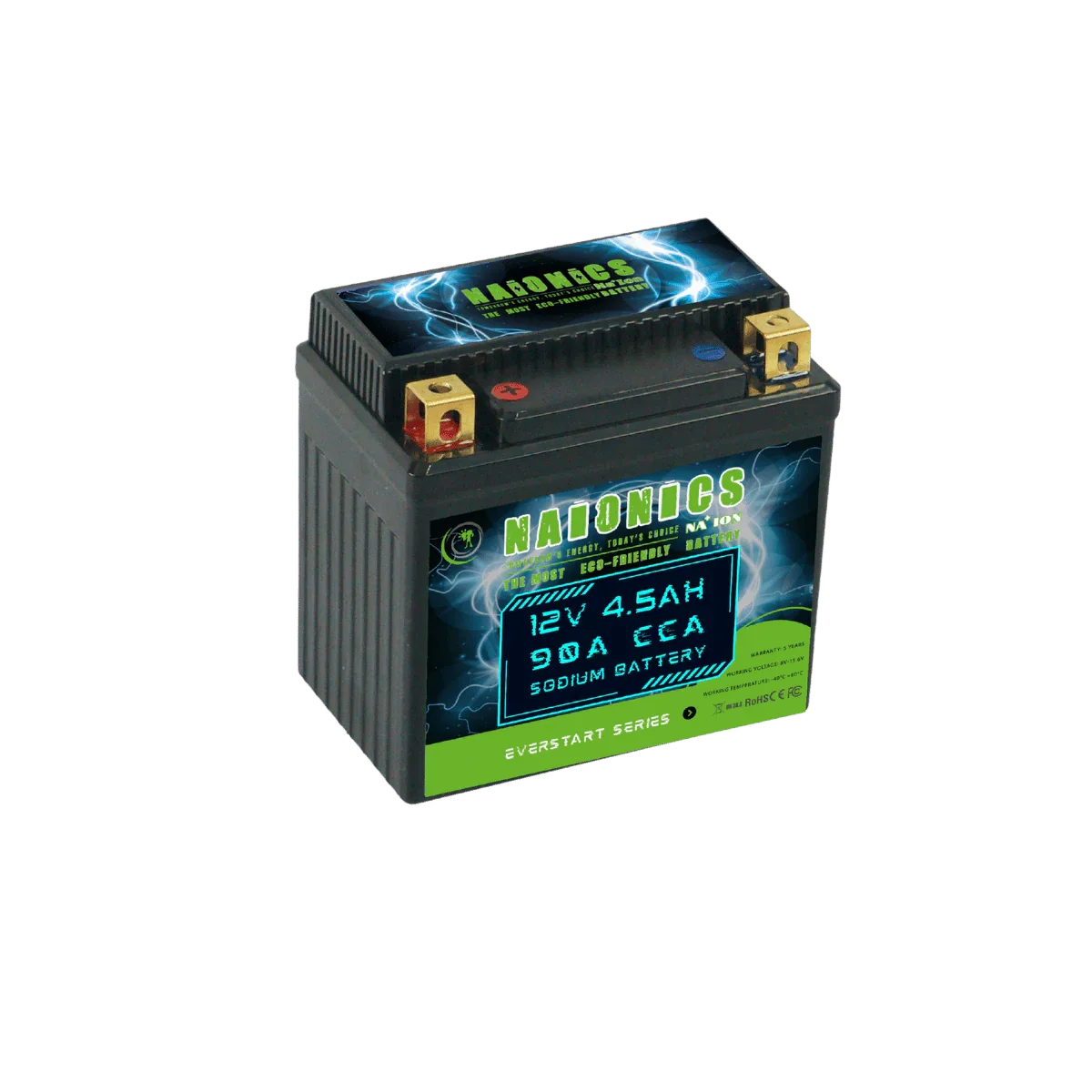 12V 4.5Ah sodium motorcycle starter battery with 90A CCA, serie everstart, black case
