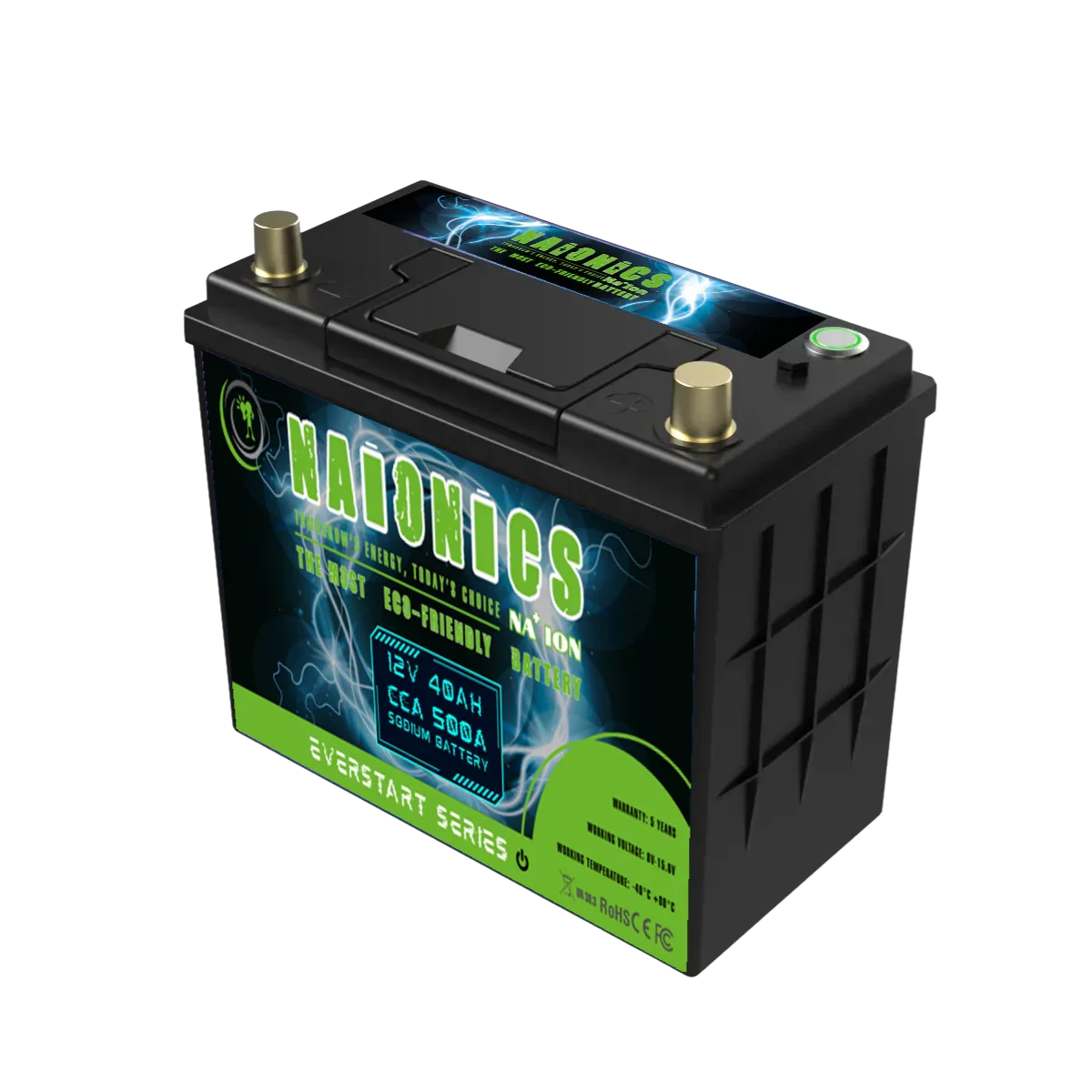 12V 40Ah 500A batteria sodio-ione with black casing, labeled serie everstart.