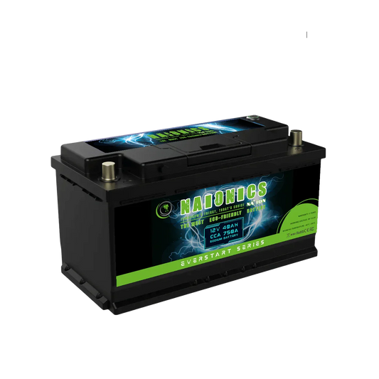 12V 40Ah sodium car battery with 750A CCA, black casing, serie everstart label