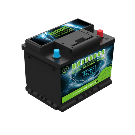12V 40Ah 750A CCA sodium ion car battery with blue and red terminals, serie everstart