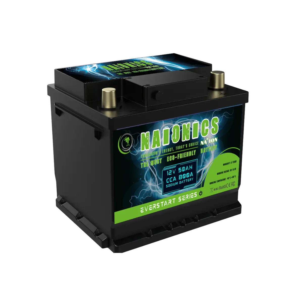 12V 50Ah batteria al sodio with 800A CCA, Naionics serie everstart, eco-friendly design