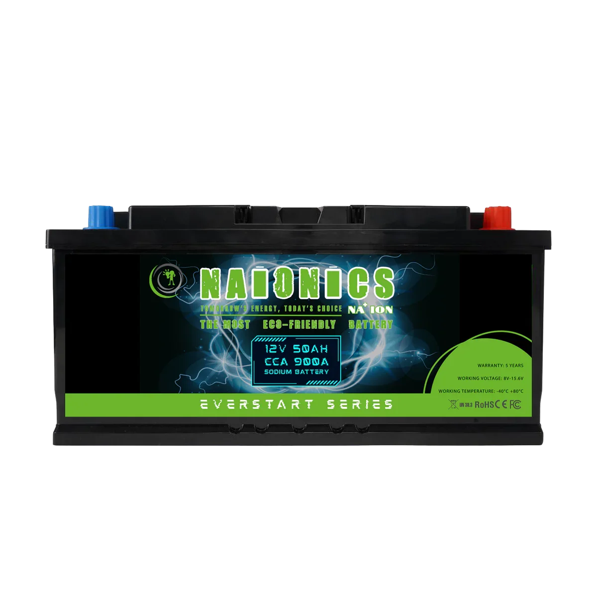 12V 50Ah 900A sodium-ion car battery with blue and red terminals, eco-friendly design