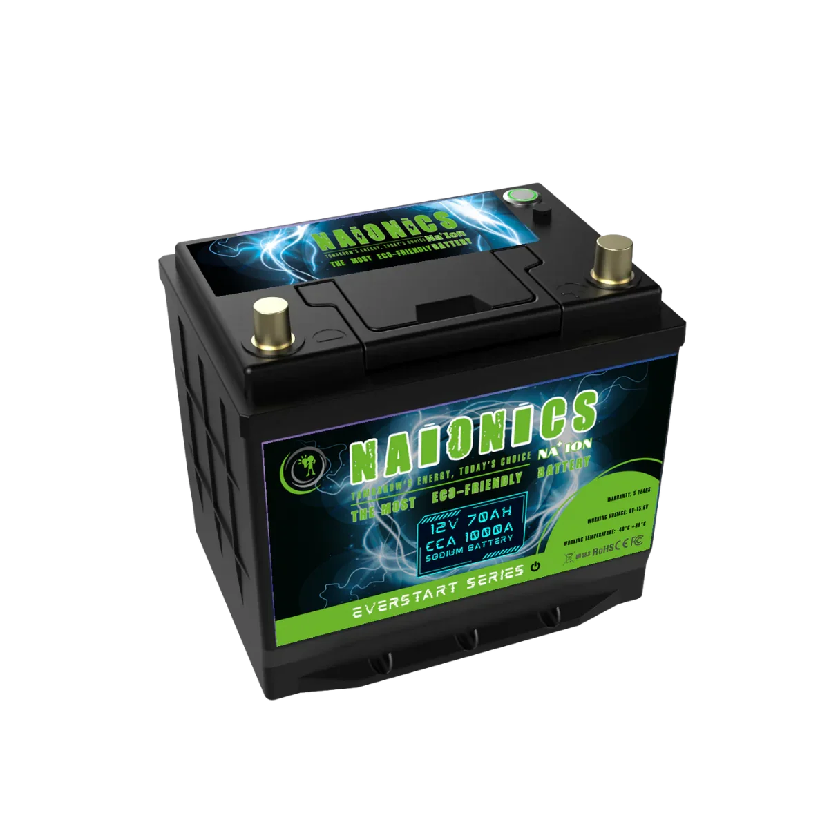 12V 70Ah sodium car battery with green and blue label, 1000A CCA, serie everstart