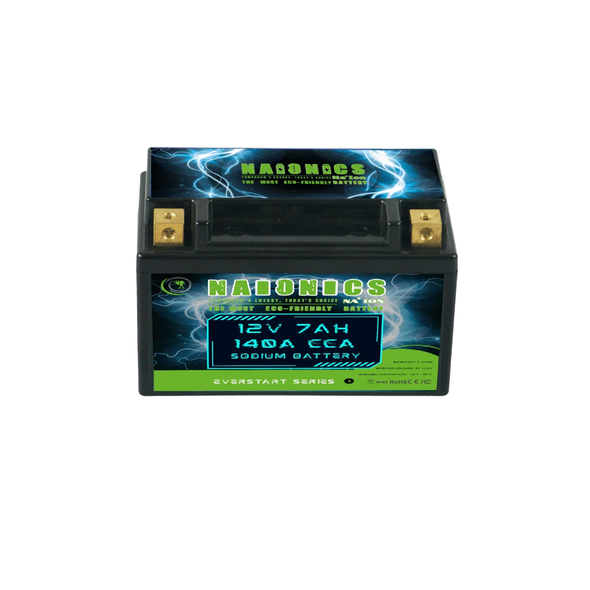 12V 7Ah 140A CCA batteria al sodio for motorcycle starter, black with green and blue label