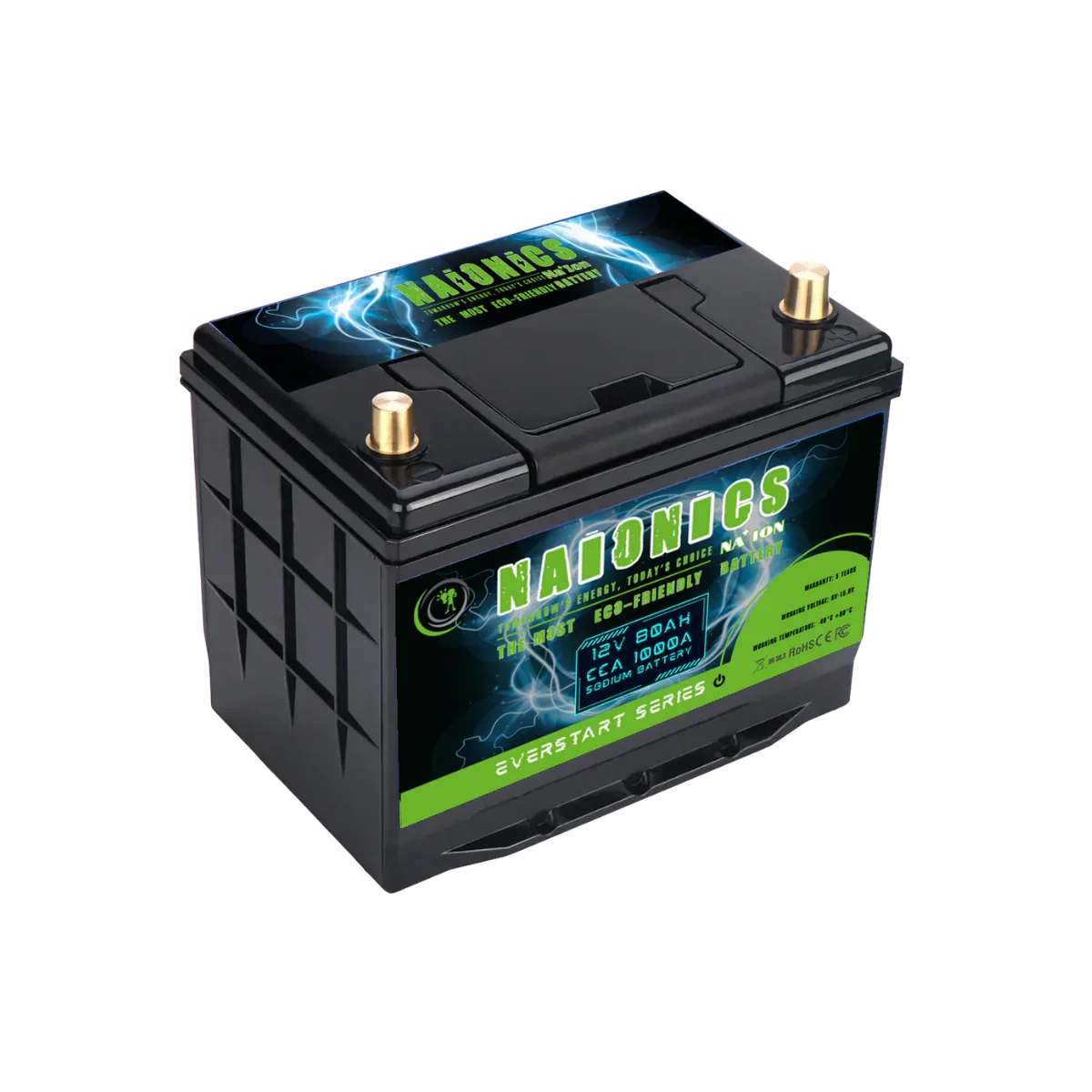 12V 80Ah batteria sodio-ione with labeled Naionics branding and dual terminals