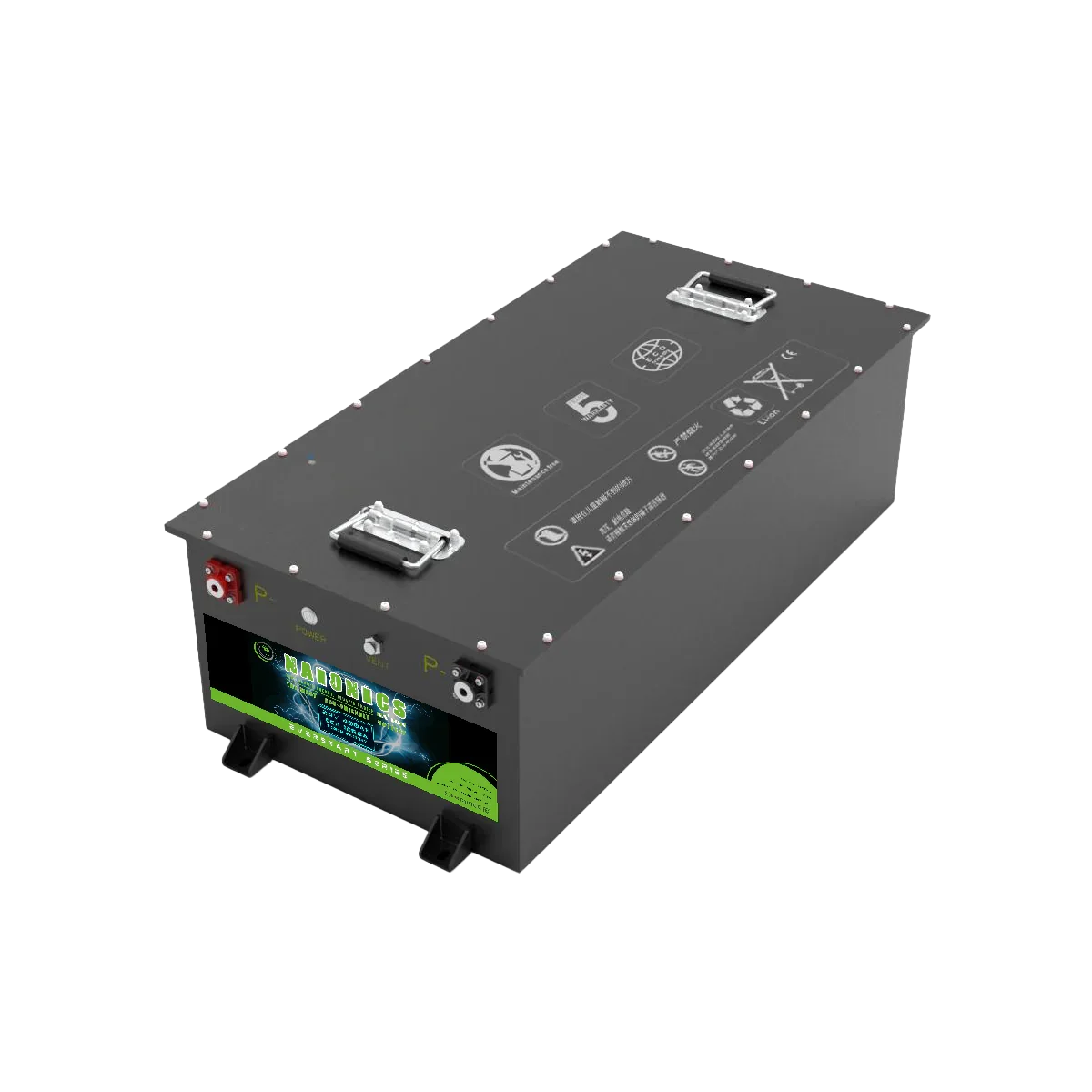 24V 400Ah batteria sodio-ione with metal case, power connectors, and handle on top