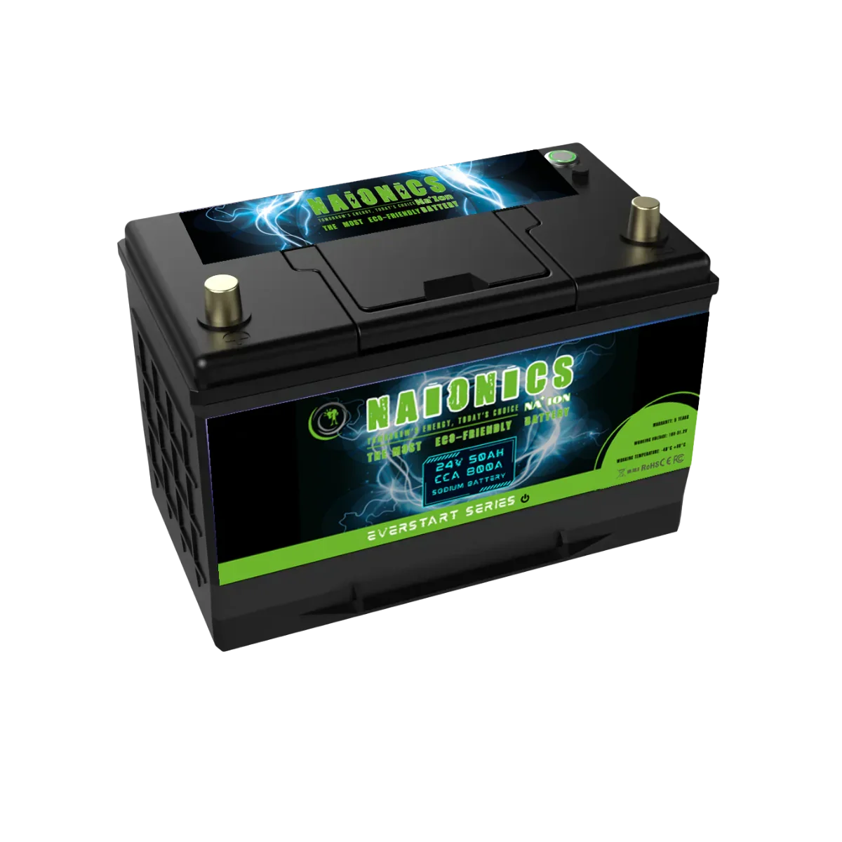 24V 50Ah batteria al sodio with 800A CCA, labeled Naionics serie everstart, black and green design