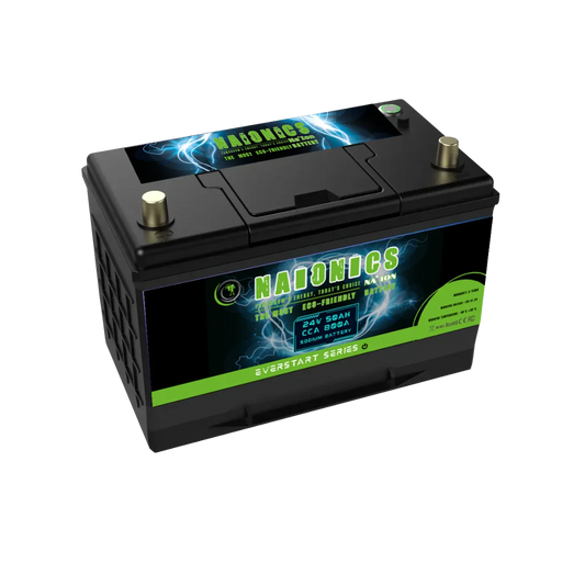 24V 50Ah batteria al sodio with 800A CCA, labeled Naionics serie everstart, black and green design