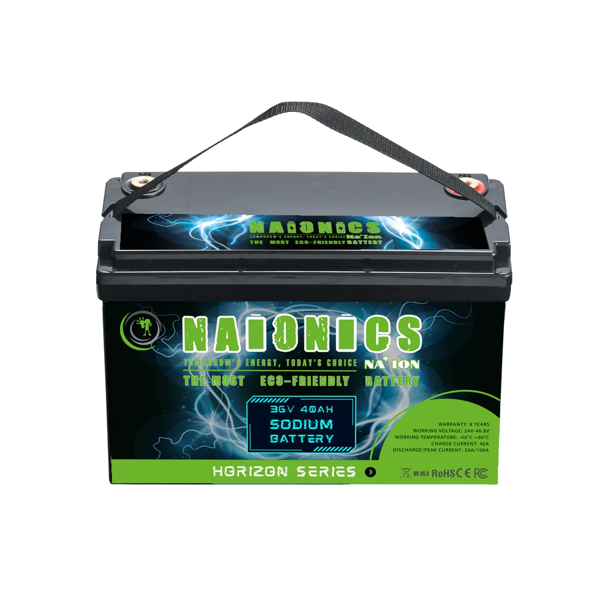 36V 40Ah batteria sodio-ione, serie horizon, with eco-friendly labeling and carrying handle