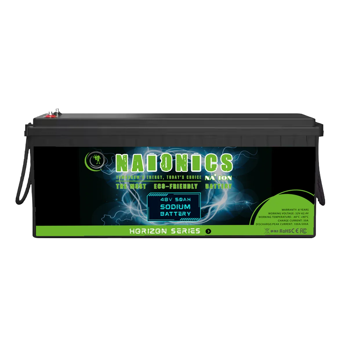 48V 50Ah batteria al sodio, serie horizon, black rectangular case, green label